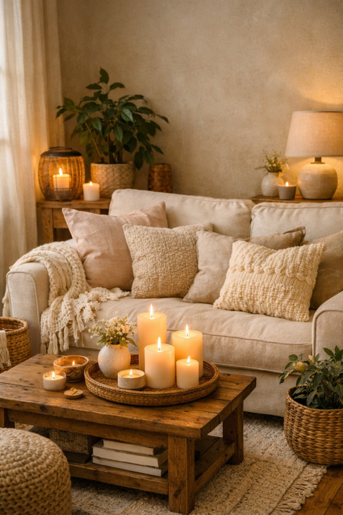 Décoration cocooning avec bougies à lumière douce 